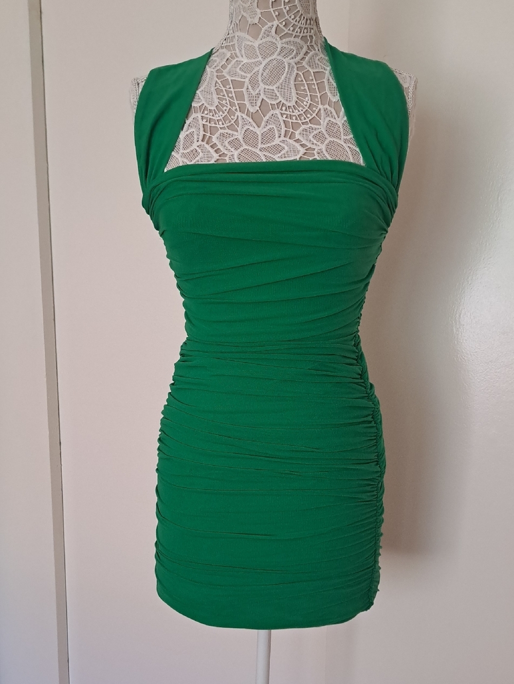 Green Ruched Halter Mini Dress - Picture 1 of 9